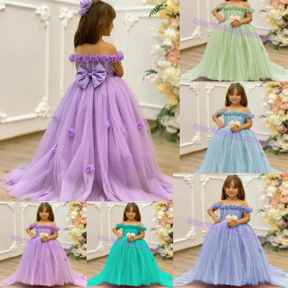 

3D Flowers Girl Dress Lavender Baby Girl Princess Dress with Puffy Kids Birthday Dress Wedding Kid Party First Communion Gown