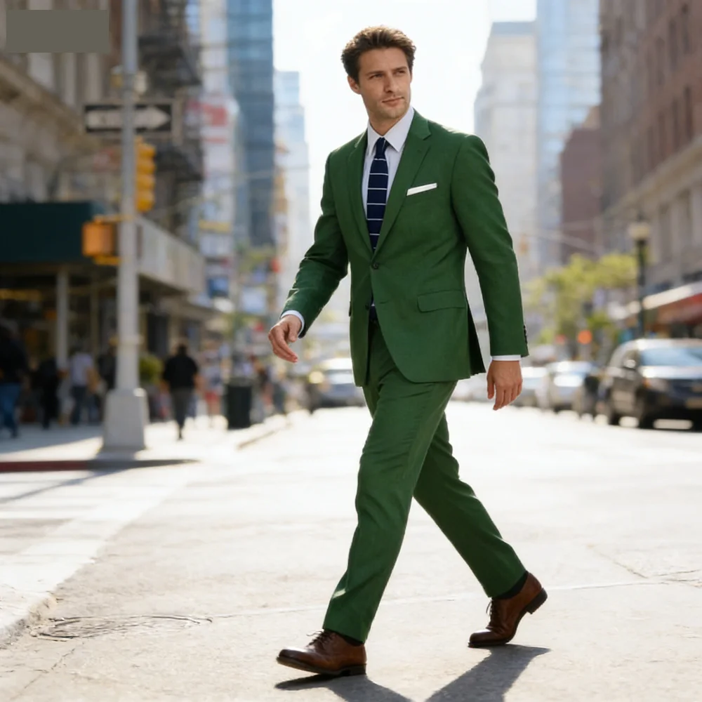 

Элегантный зеленый свадебный костюм-тройка для мужчин: пиджак с вырезами, брюки, жилет. Идеально подходит для делового стиля.
