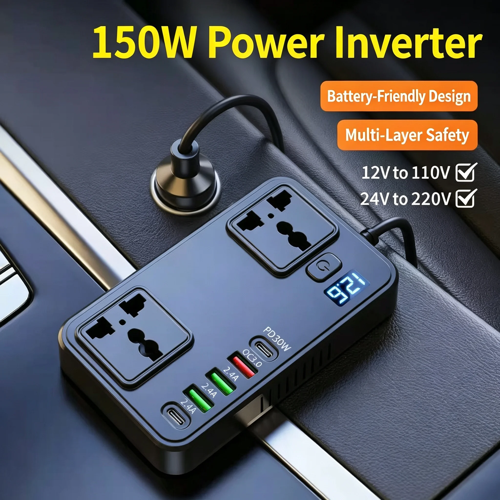 Outdoor Power Outlet Extension - 300W Car Power Inverter (Peak), 200W