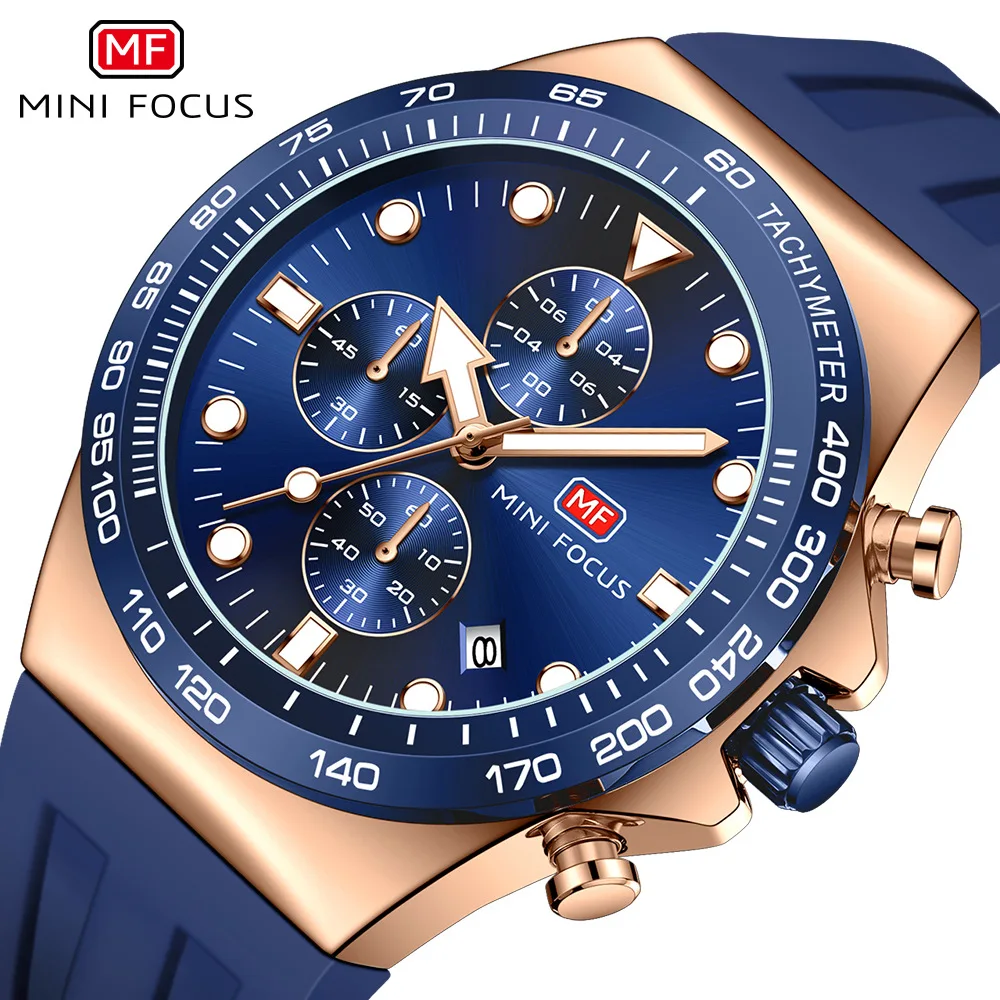 

MINI FOCUS 0488 Men Quartz Watch Blue Fashion Sports Chronograph Waterproof Calendar Luminous Silicone Strap Wristwatch for Male