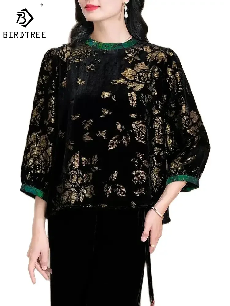 

BirdTree,Stand Neck Jacquard,100%Mulberry Silk Shirt for Women,Retro OL Velvet Chic Blouse,2024 Spring New Top,T42311QM