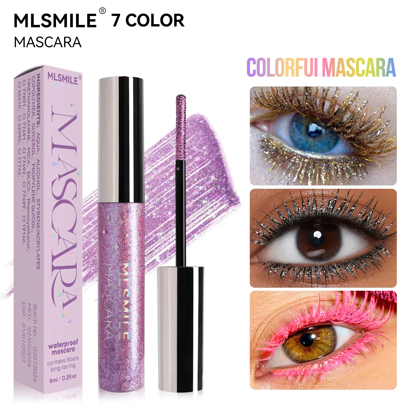 Mascara nacré diamant imperméable à séchage rapide, longue durée, sans bavures, recourbé, volumateur, rehausseur de cils à paillettes