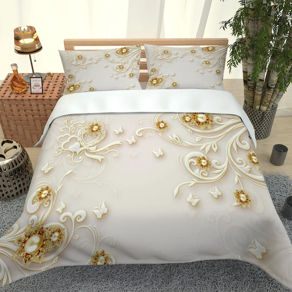 HUANZHUANG Queen Size 3D Golden jewellery flowers Theme Children'S Bedding Printed Quilt Cover 3-Piece 1 Duvet Covers 100% Polye