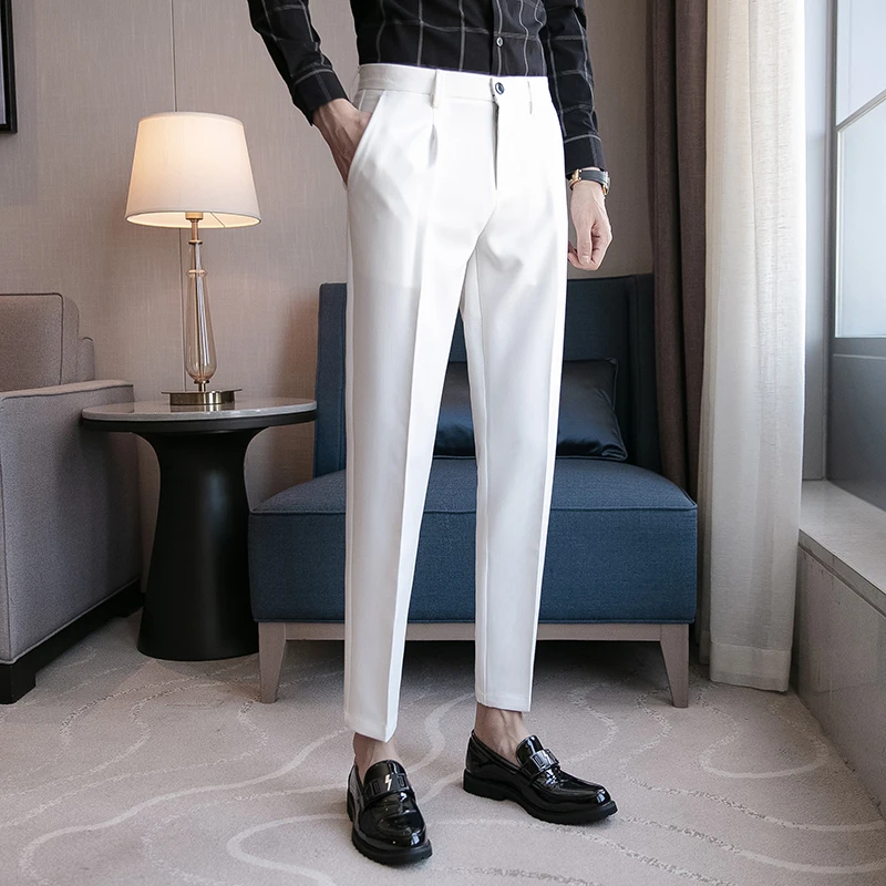 2023 New Mens Slim Fit Business Dress Pants for Men Suit Pants Ankle Length Men Summer Formal Suit Trousers Black White Gray