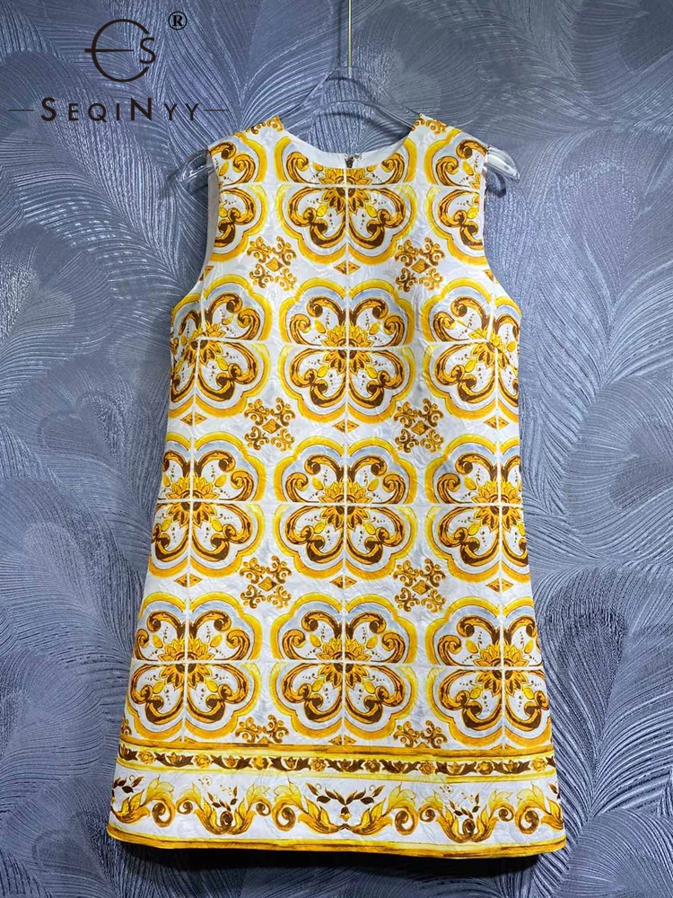 SEQINYY Vest Mini Dress Summer Spring New Fashion Design Women Runway Vintage Yellow Flower Print Jacquard High Street Sicily