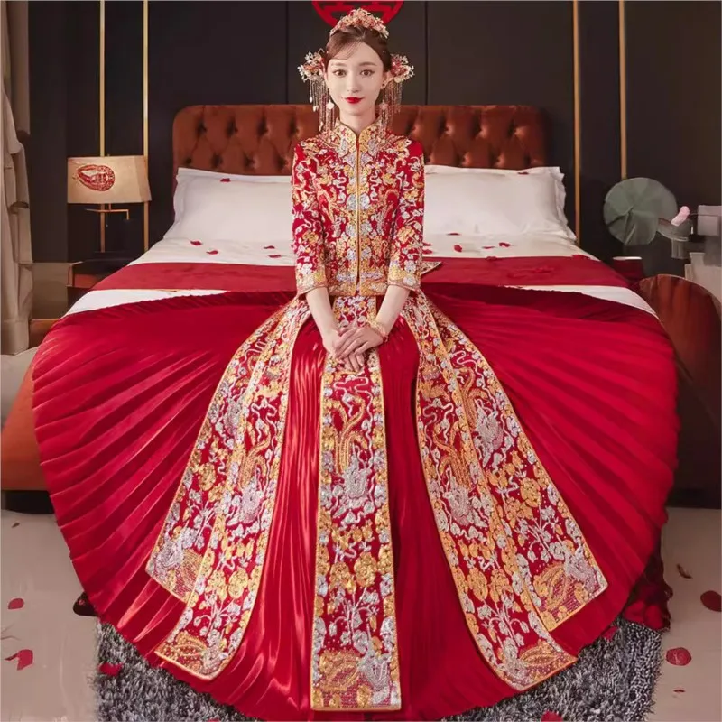 

New large-sized Chinese wedding dress with dragon and phoenix fitted toasting attire