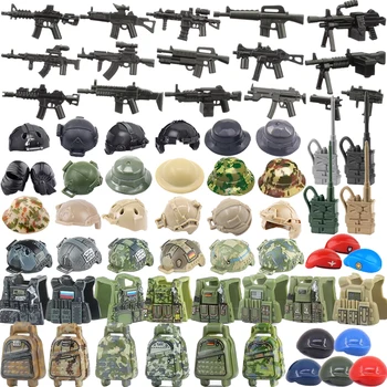 MOC Wojskowy pistolet Broń Klocki Żołnierz M16 M4 Karabin Maszynowy US Nadrukowany kask Beret Kamizelka Pas Taktyczny Kapelusz Cegła