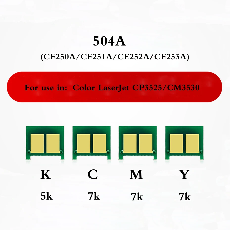 

Чип для тонера 504A, совместимый с картриджами HP Color LaserJet CP3525, CM3530, CE250A, CE251A, CE252A, CE253A
