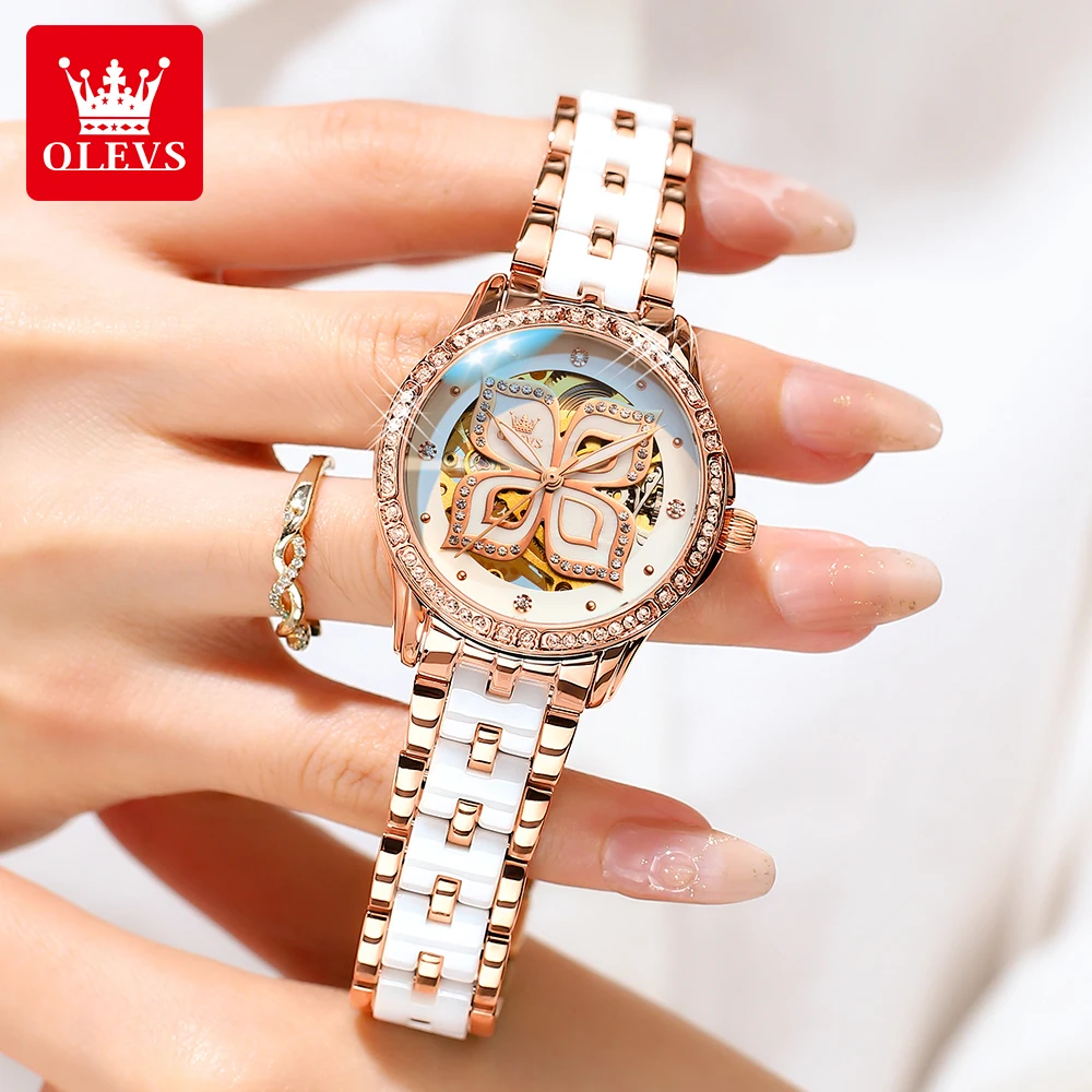 OLEVS 6612 Woman Watch Fashion Hollow Lucky Four-leaf Clover Elegant Luxury Diamond Bezel Automatic Mechanical Watches for Women