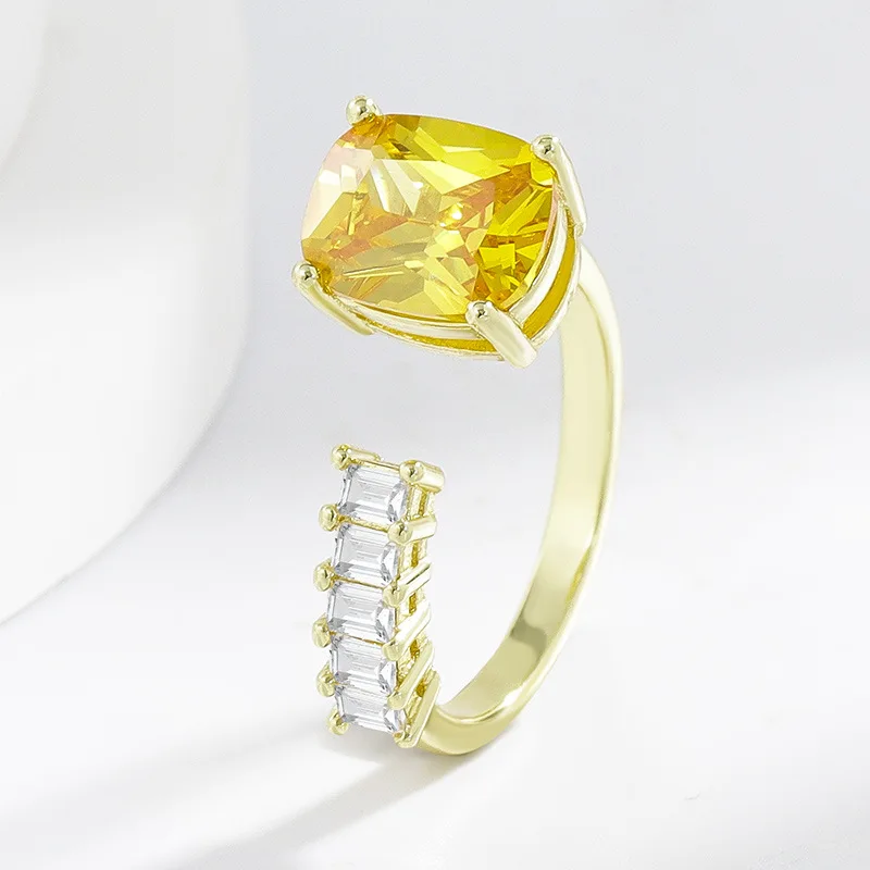 

925 Sterling Silver Row Zircon Yellow Sparkling Pigeon Egg Design Elegant French Ring
