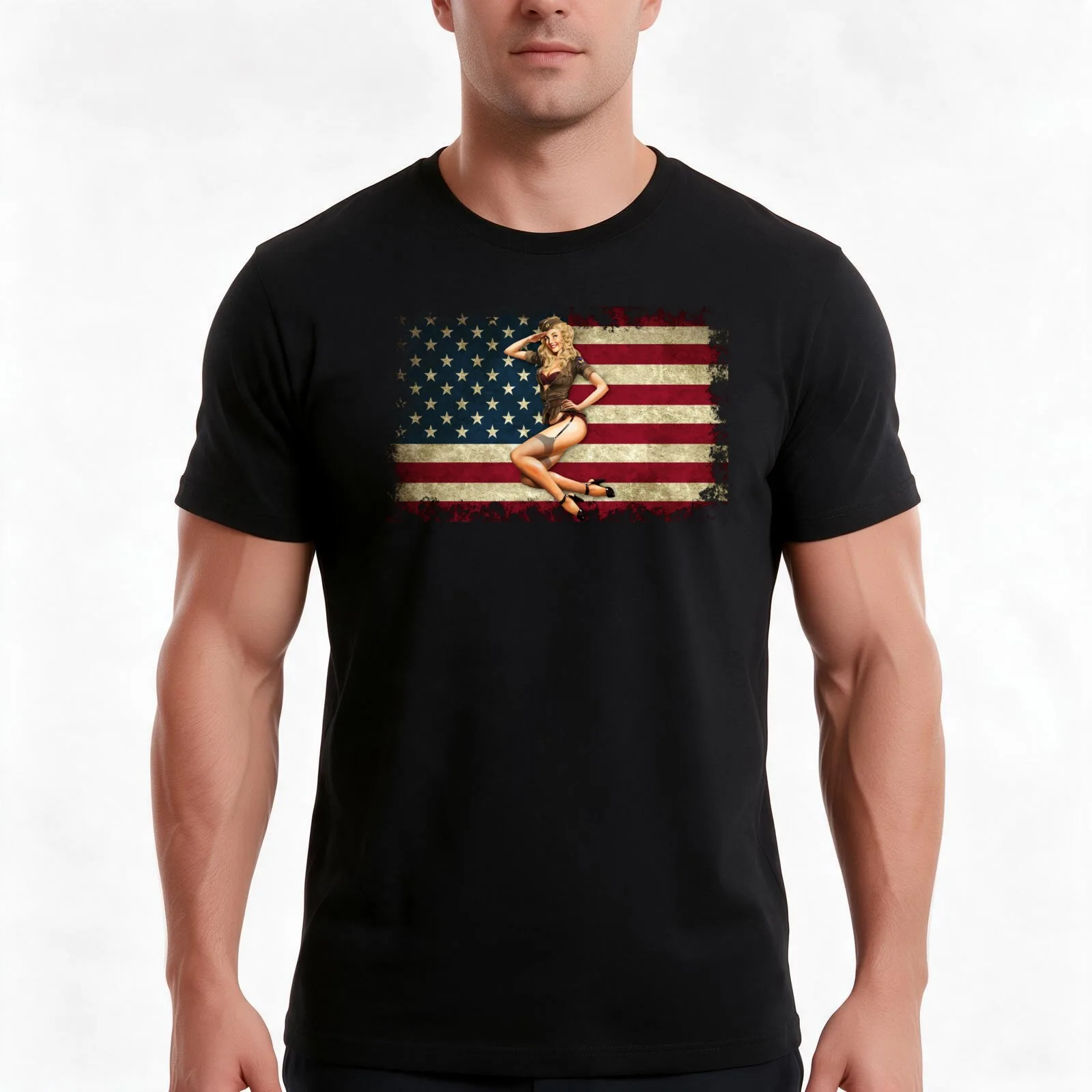 American Pin Up Girl T-Shirt, Summer Casual Cotton Tee, Oversized Streetwear Tops, Vintage Graphic Print, Loose Fit Short Sleeve