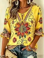 

Women's Shirt Floral Graphic Paisley Bohemia Vacation Vintage Long Sleeve V Neck Long Tops Casual Daily Holiday Black Yellow Sum