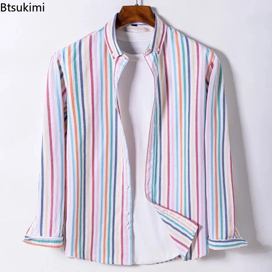

Spring Autumn Basic Oxford Shirts for Men Fashion Striped 100% Cotton Long Sleeve Casual Shirts Men Social Business Dress Shirts