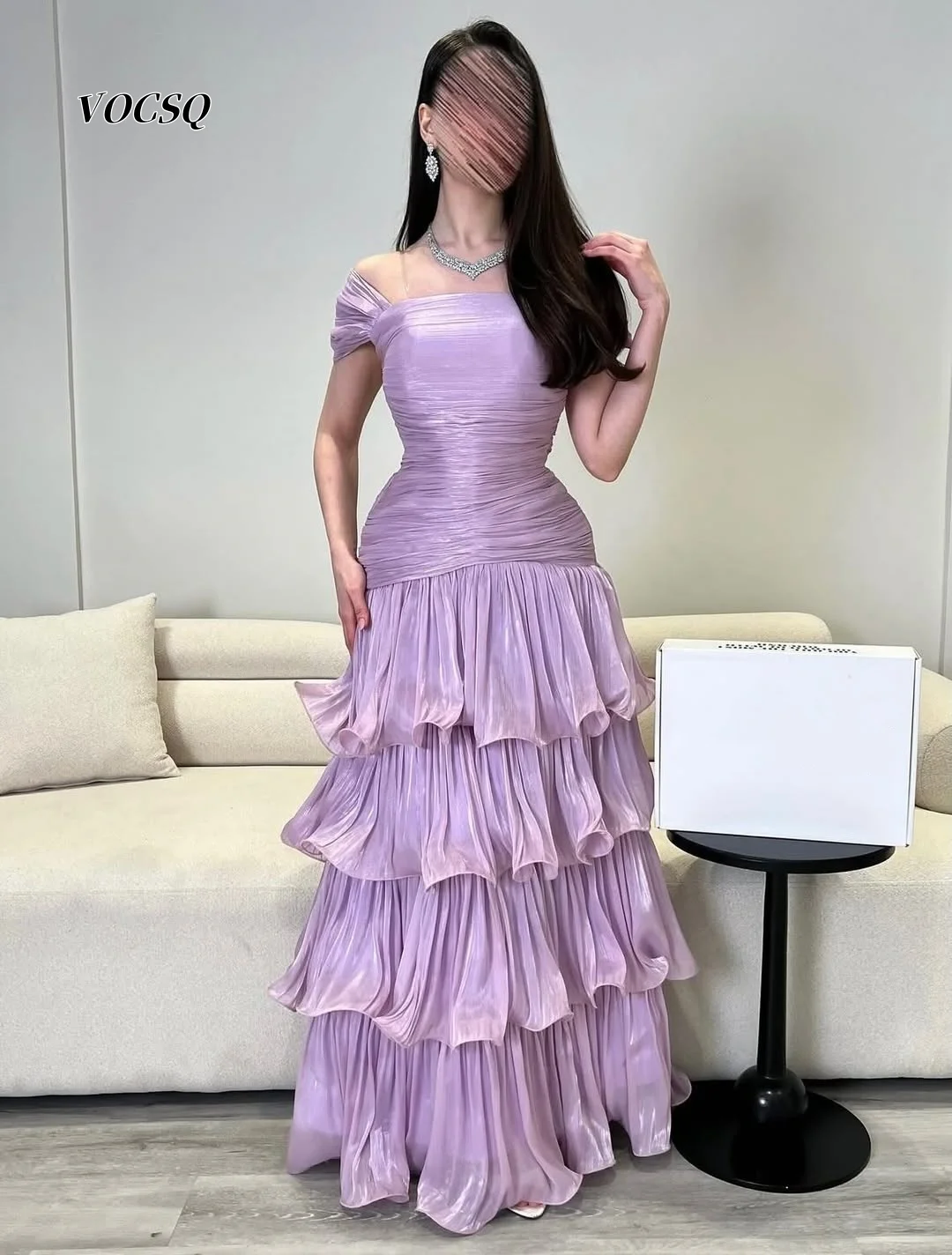 Prom Dress Pleated Shiny Fabric Tier Ruffle Long Dress Lilac Evening Gown For Birthday Homecoming Formal Occasions Customized