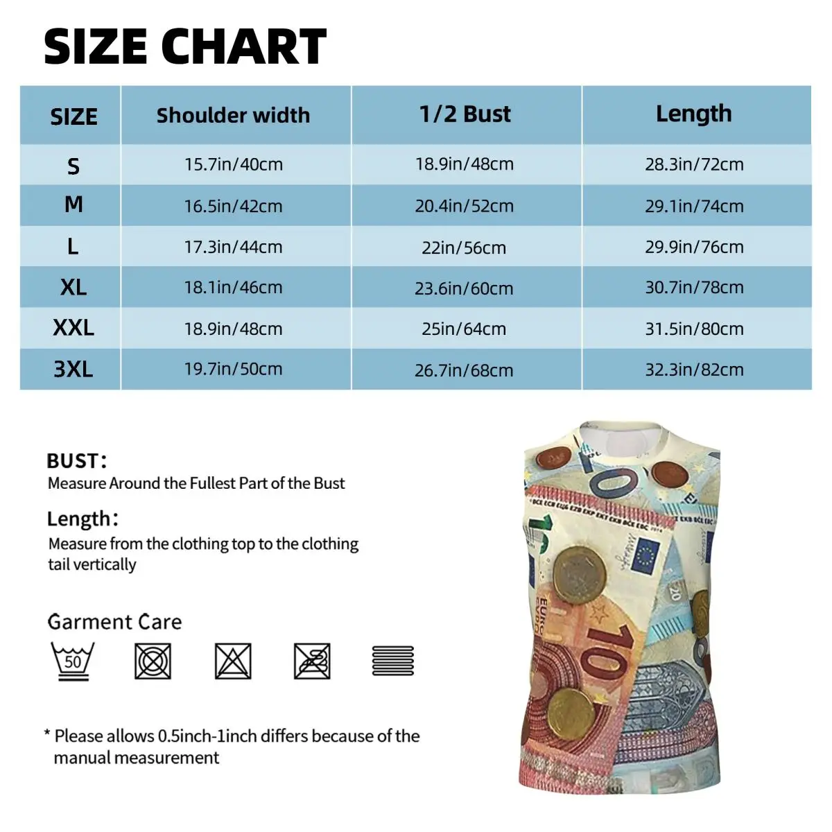 Euro Banknotes And Coins Men Printed Sleeveless T-shirt Casual Hip Hop Street Style Beach Holiday Tank Tops