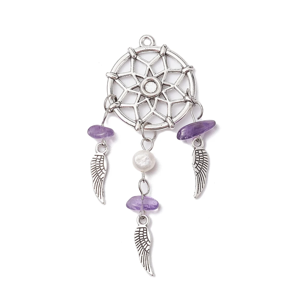 1 Set 4Pcs 4 Styles Mixed Stone Chip Big Pendants Alloy Woven Web/Net with Plumage Charms Mixed Dyed and Undyed Pendant