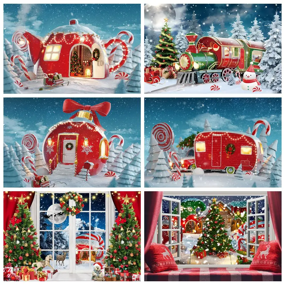 

Christmas Candy Bar Backdrop Lollipop Snow Cabin Xmas Pine Tree Baby Kids Portrait Photography Background Decor Photostudio Prop