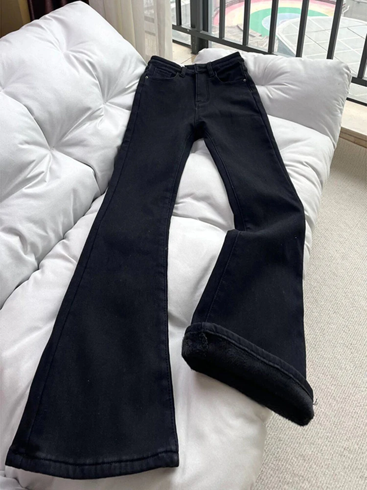 

Женские джинсы с высокой талией, расклешенные, новые, весенние, эластичные, больших размеров, корейский стиль, прямые, повседневные, однотонные
