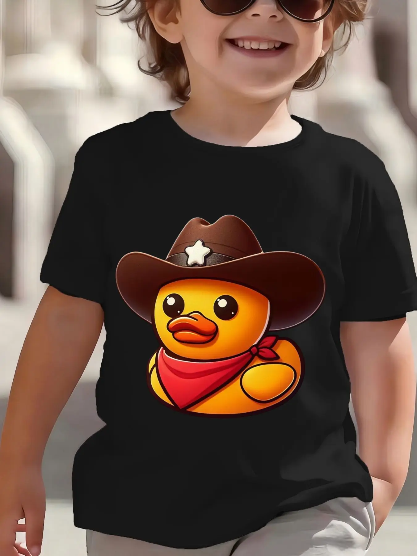 Kids Cute Cowboy Rubber Duck With Hat Graphic Tee Boys Girls Family Matching Short Sleeve Western Cartoon Casual Daily T Shirt