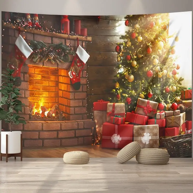 VIKAMA Brick Hearth Xmas Presents Horizontal Tapestry Wall Hanging for Apartment Cozy Aesthetic Elegant Stylish Home Decor