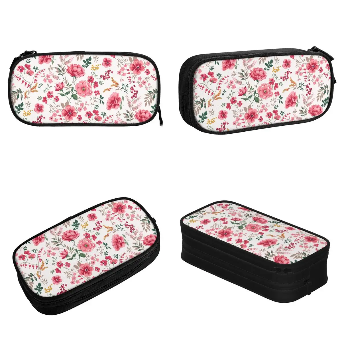 Trendy Seamless Floral Pattern Pencil Case Fashion Pink Flowers Pen Holder Bag for Student Large Storage Gift Pencilcases