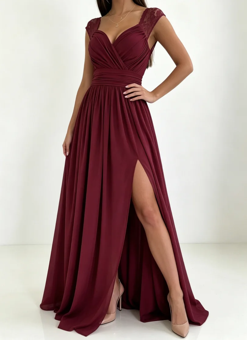 Elegant Lace Backless Wedding Guest Dress V Neck Sleeveless High Slit Ruched Waist Long Evening Gown for Prom Cocktail Party