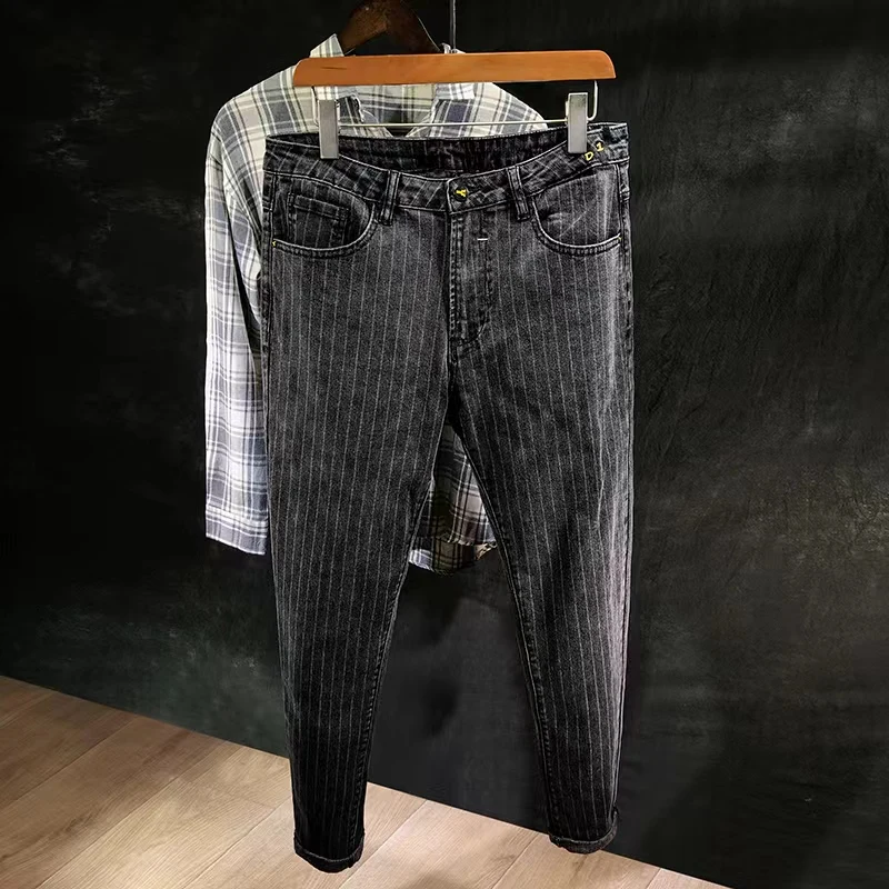 

Мужские джинсы премиум-класса, зауженные, в полоску, из эластичного денима, повседневные, универсальные, весна-осень, новинка, стильные, модные, брендовые, для молодежи