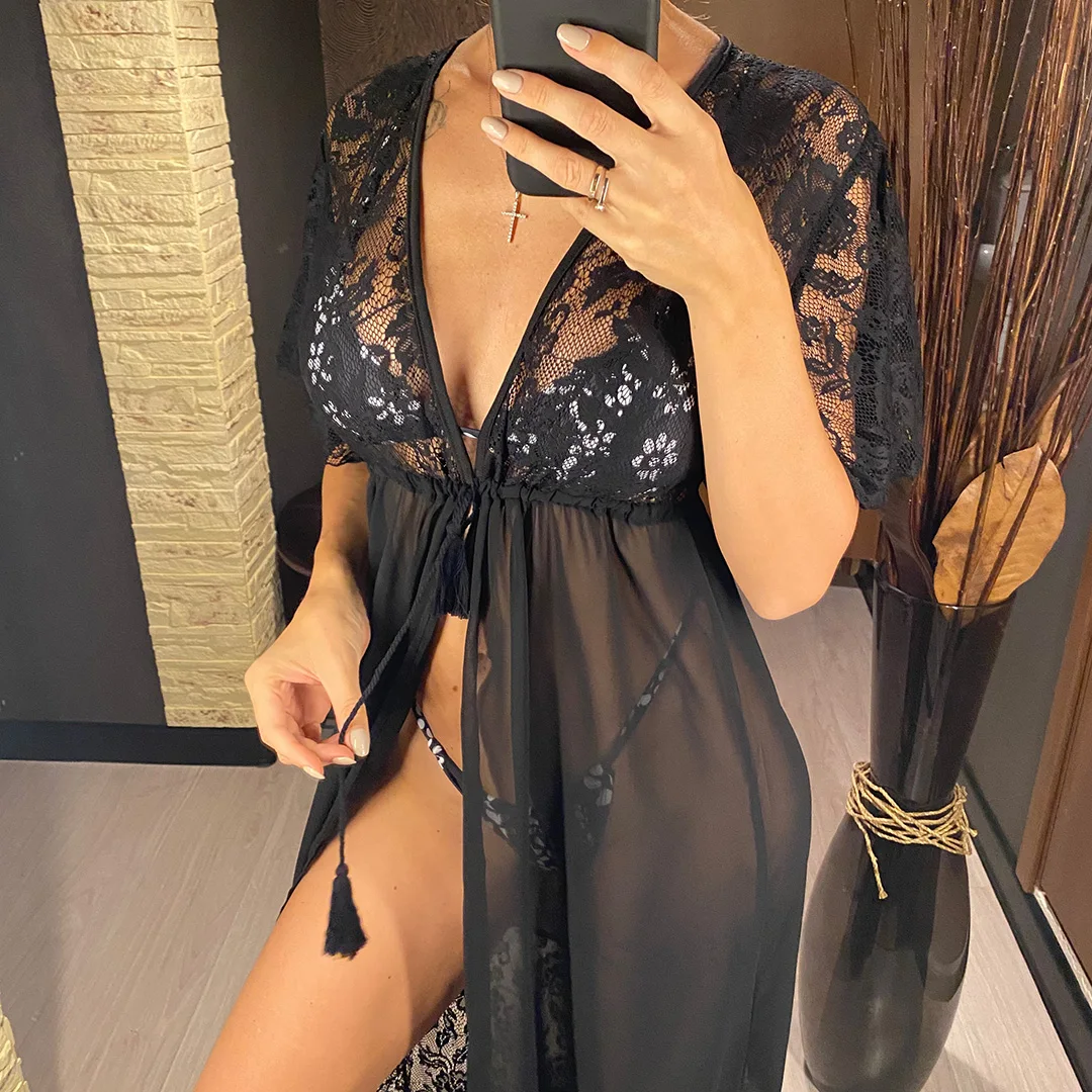 2026 Neues transparentes Netzstoff-Tunika mit Häkelspitze, Strand-Cover-up, langes Strandkleid, Strandmode, Damenbekleidung V3917 – Detail 7