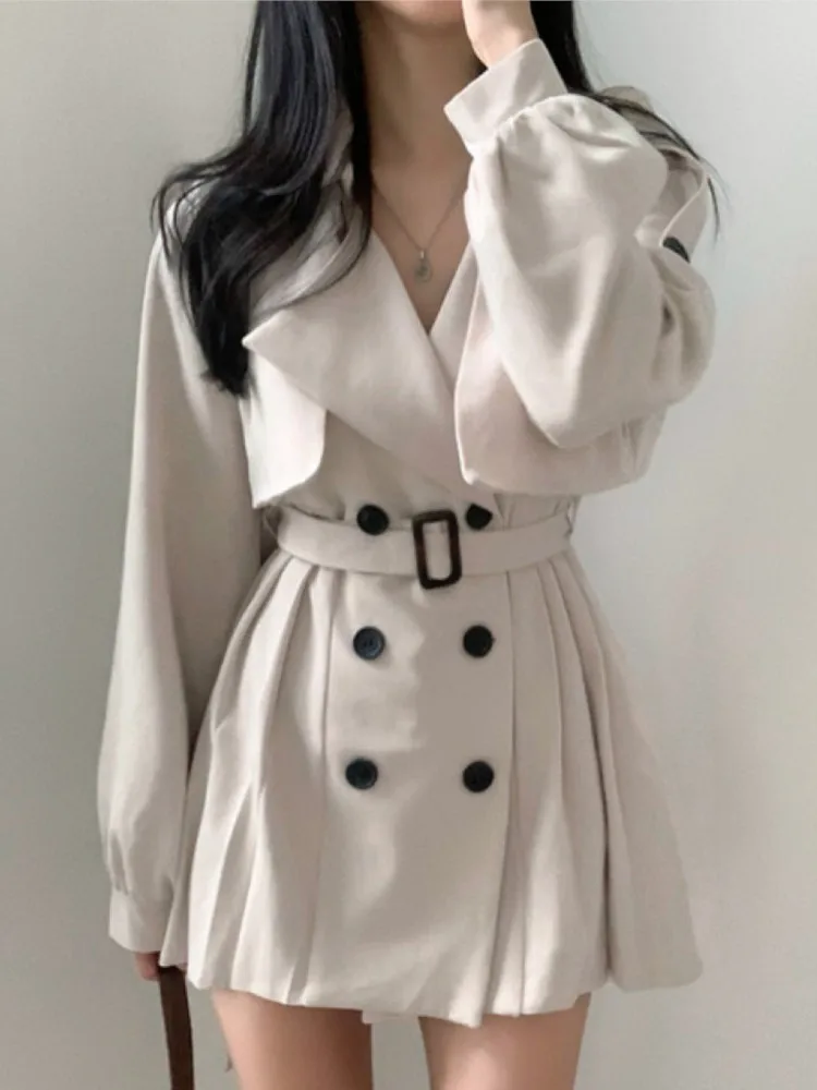 Autumn Korean Chic Elegant Trench Coat Pleated Dresses for Women Belt Turn-down Collar Double Breasted Solid Female Vestidos New