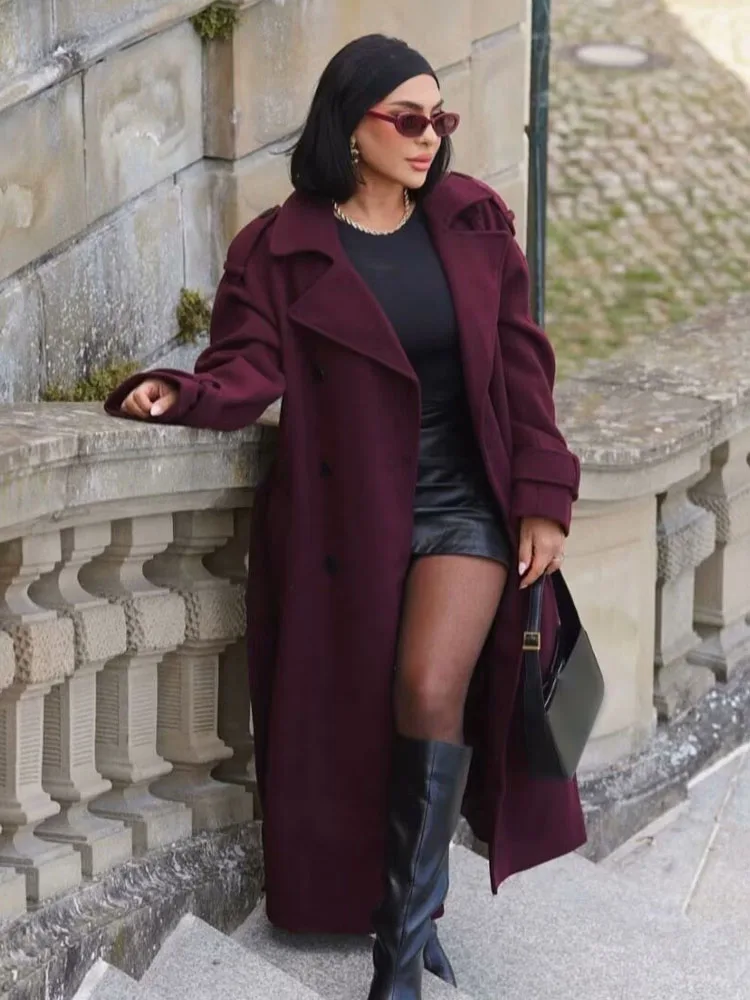 HH معاطف الشتاء النسائية موضة حزام جيب مزدوجة الصدر الديكور سترة واقية طويلة الإناث ملابس خارجية فضفاضة غير رسمية