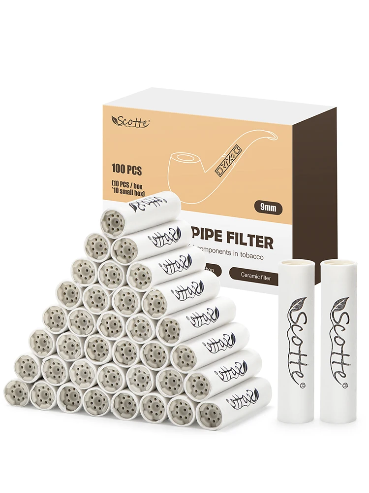 Scotte Pipe Filters 9mm Activated Carbon Tobacco Pipe Filter with Dual Ceramic Cap 100 pcs Filter Core for Pipe Smoking