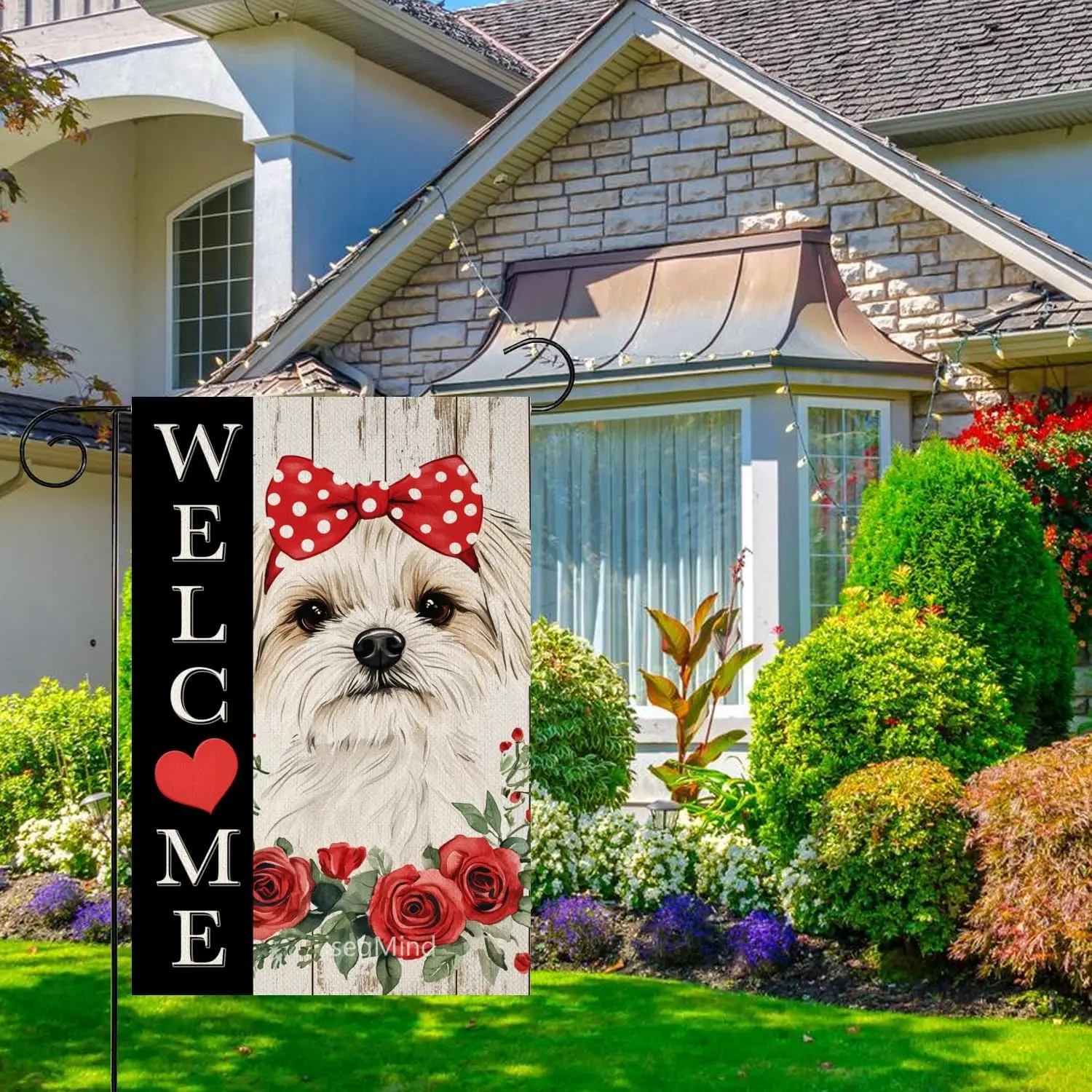 Welcome Garden Flag Valentines Day Floral Maltese Garden Flag 12x18 Inch Double Sided for Outside Welcome Roses Small Burlap WWP