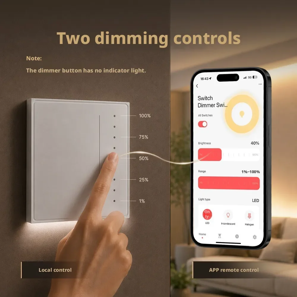 Tuya Smart Home Zigbee Eu/Us Standard Dimmable Switch Anti Glare Stepless Dimmable Smart Switch Zero Fire Version Ac90-250v