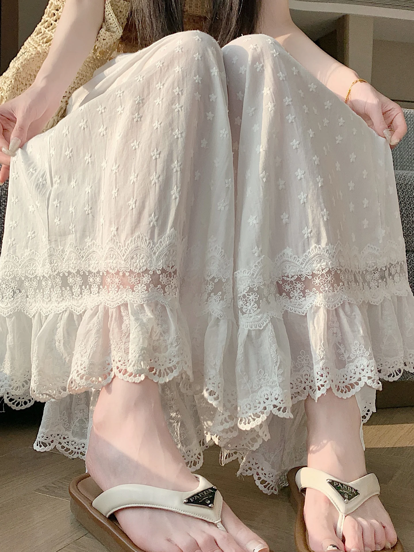 

Элегантные женские брюки с высокой талией, кружевной отделкой и вышивкой, широкие, прямого кроя, летние, свободные, повседневные, удобные