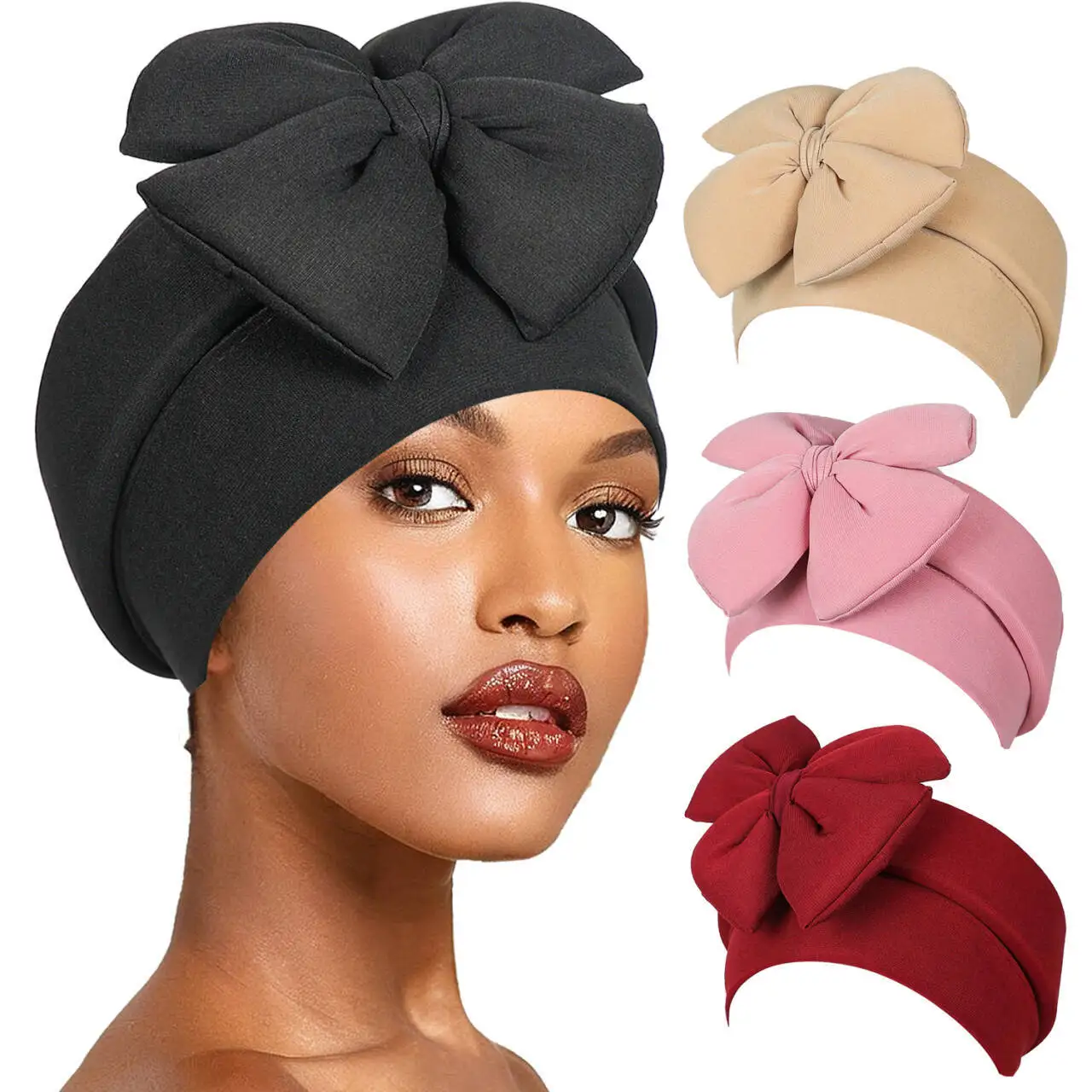 Bow Headscarf Hat Elastic Fashion Sponge Turban Women Muslim Hijab Bonnet African Auto Gele Headties Wedding Party Headwear Wrap