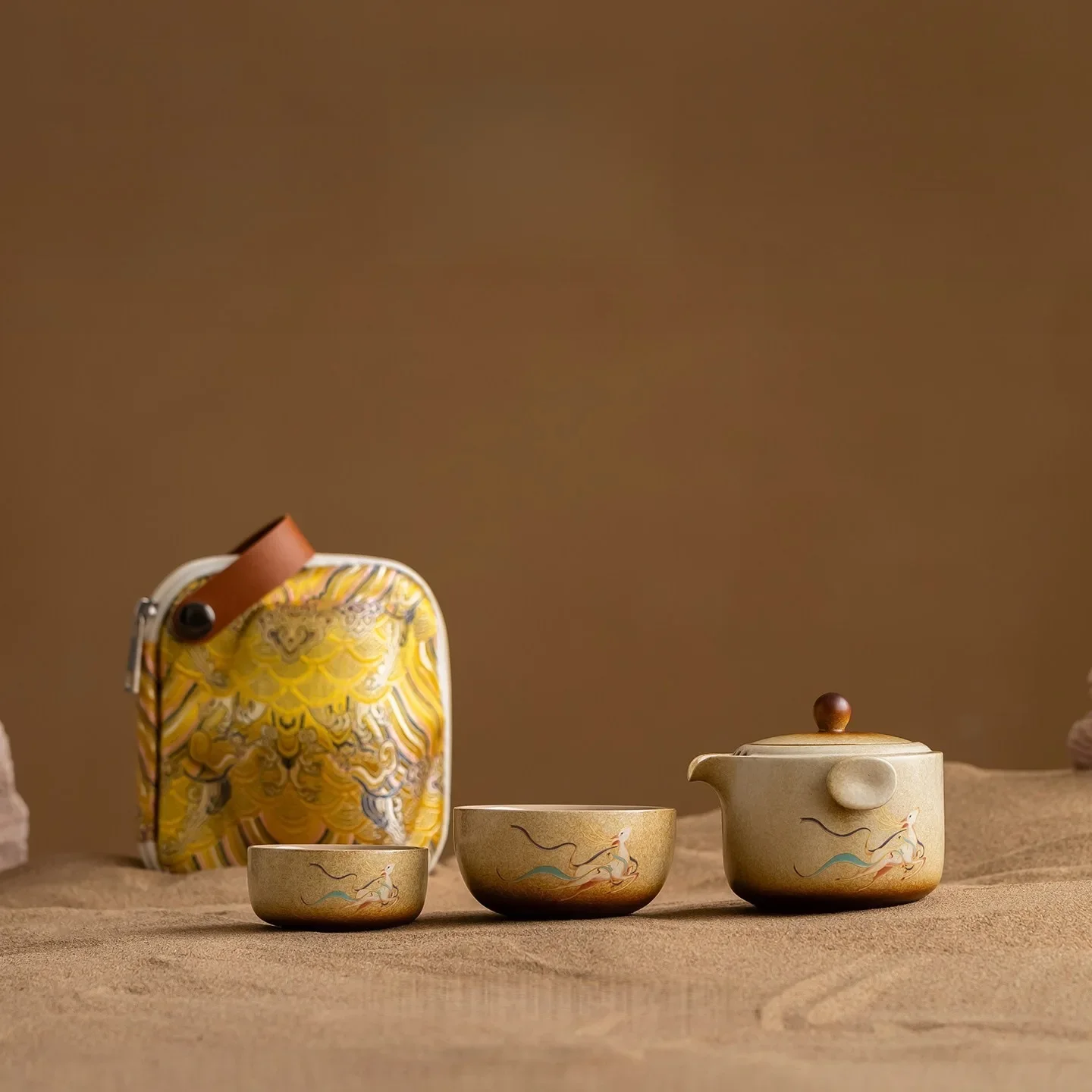 Dunhuang Feitian Portable Travel Kung Fu Tea Set Colorful Chinese Luxury Tea Ceremony Gift One Pot and Two Cups Travel Souvenirs