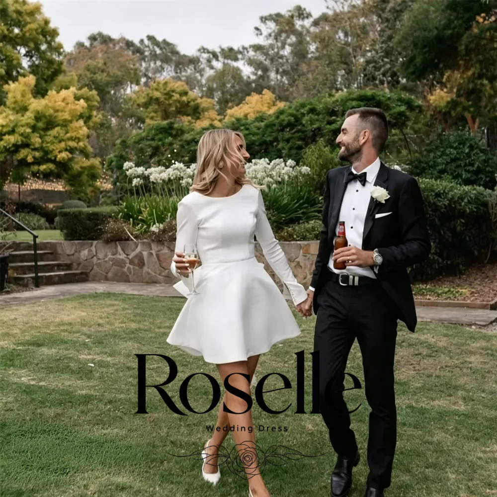 Long Sleeves Satin mini Wedding Dress Deep V Back Bridal Gown with Tulle Veil Elegant Civil Marriage White Party Dress for Wome