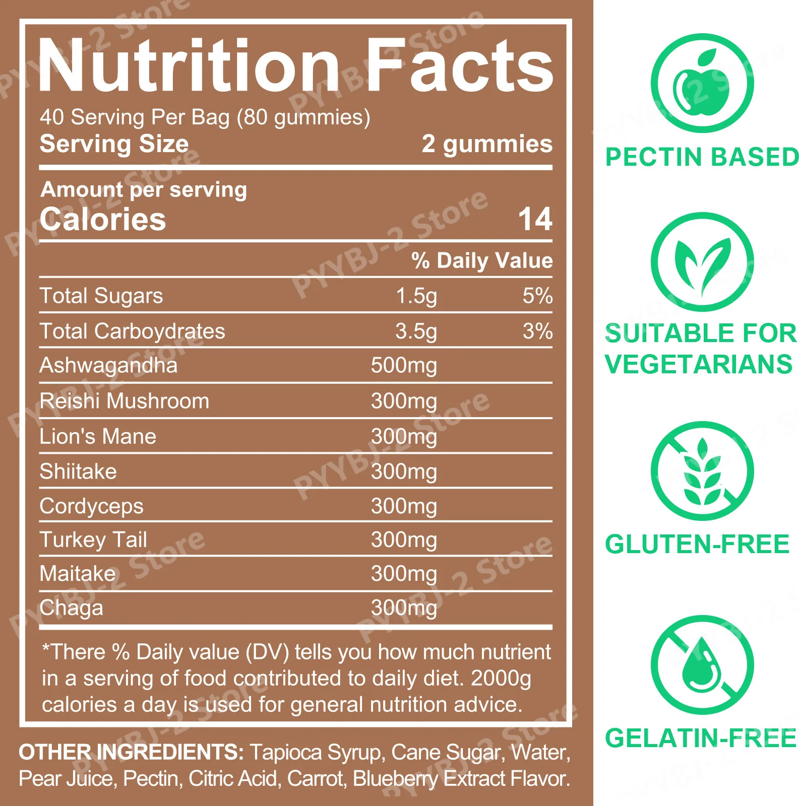 Mushroom Gummies with Ashwagandha, Mushrooms for Focus, Clarity & Memory Support, Vegan Gluten-Free Gelatin-Free, 80 Gummies