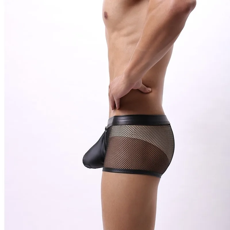 Mens Sexy Underwear Pu Leather Boxer Shorts Sheer Mesh Open Crotch Erotic Lingerie BDSM Fetish Panties Ropa Interior Erotica