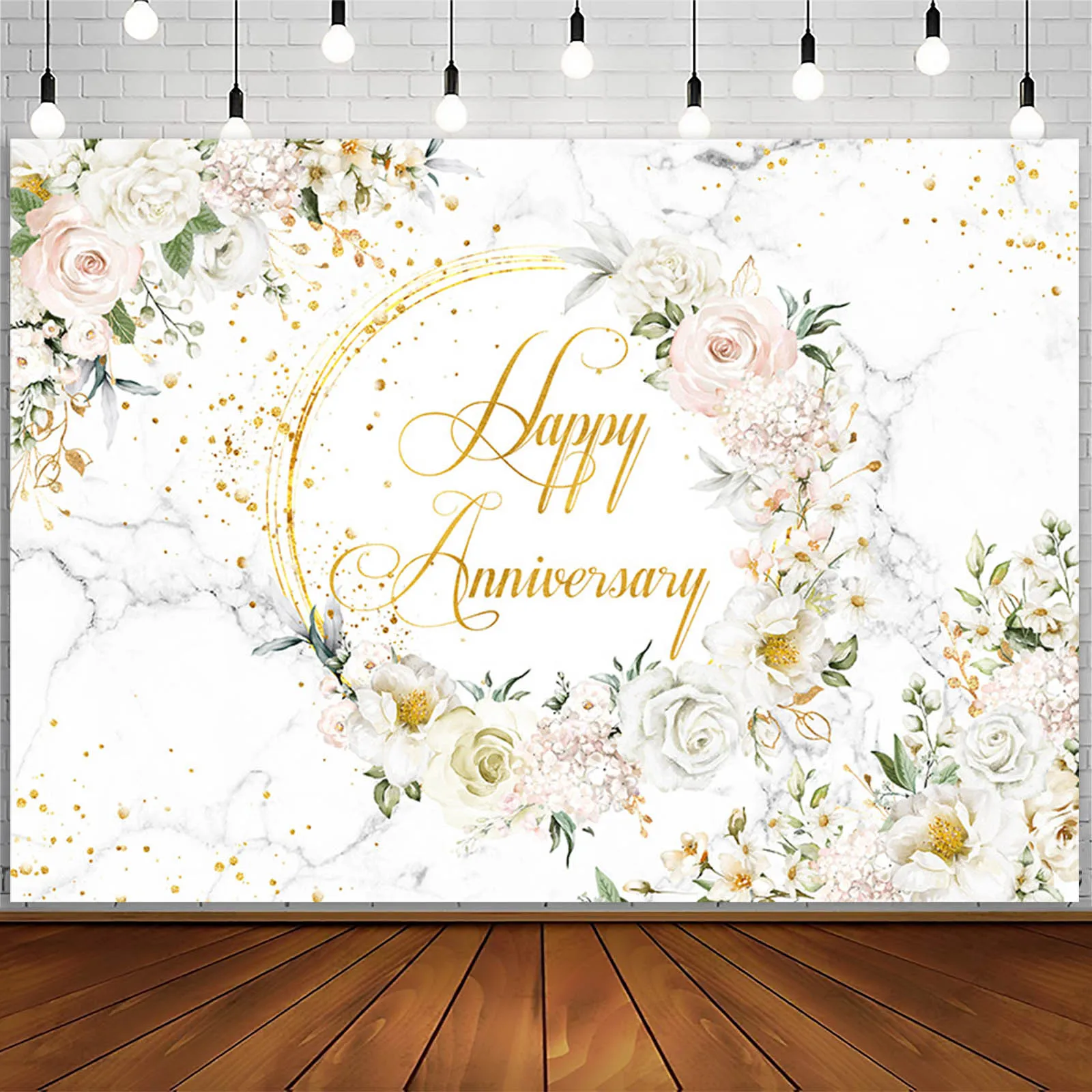 Happy Anniversary Photography Backdrop White Rose Flowers Gold Dots Wedding Background Party Decor Lovers Portrait Photozone