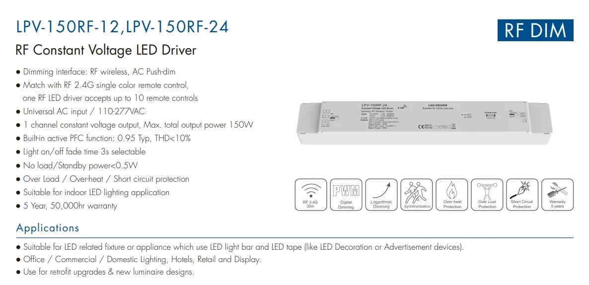 DC12/24V LED Driver RF+Push Constant Voltage Dimmable Power Supply 150W  LPV-150RF-12/LPV-150RF-24 for Led Strip Light/Modules