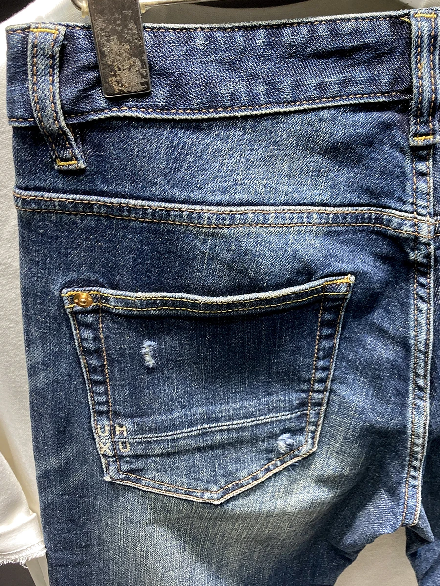 

High-End Men's Distred Denim Jeans Heavyweight Trendy Brand Small Design Elastic High Street Cool Patchwork Long Pants