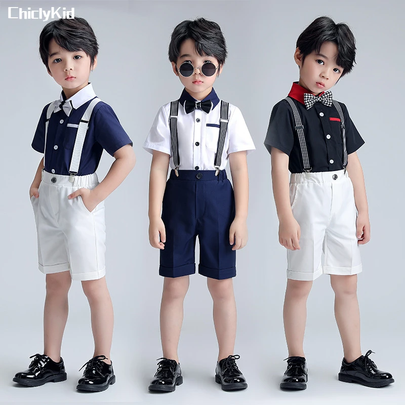 

Kids Suit Solid Color Short Sleeve Shirt Overalls Shorts Boys Summer Jumpsuit Clothes Sets Child British Costumes Toddler Romper