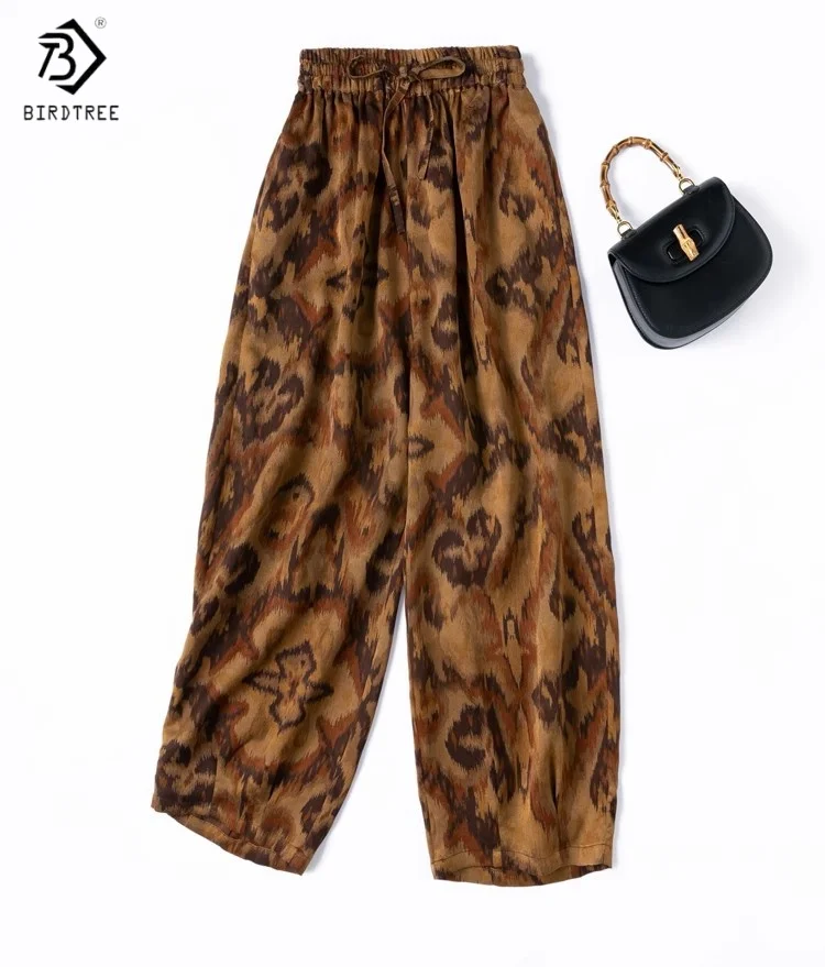 

Birdtree Summer 100% Mulberry Silk Pants,Women Jacquard Elastic Waisted Loose Silhouette Wide Leg Harem Pants New 2025 P55802JF