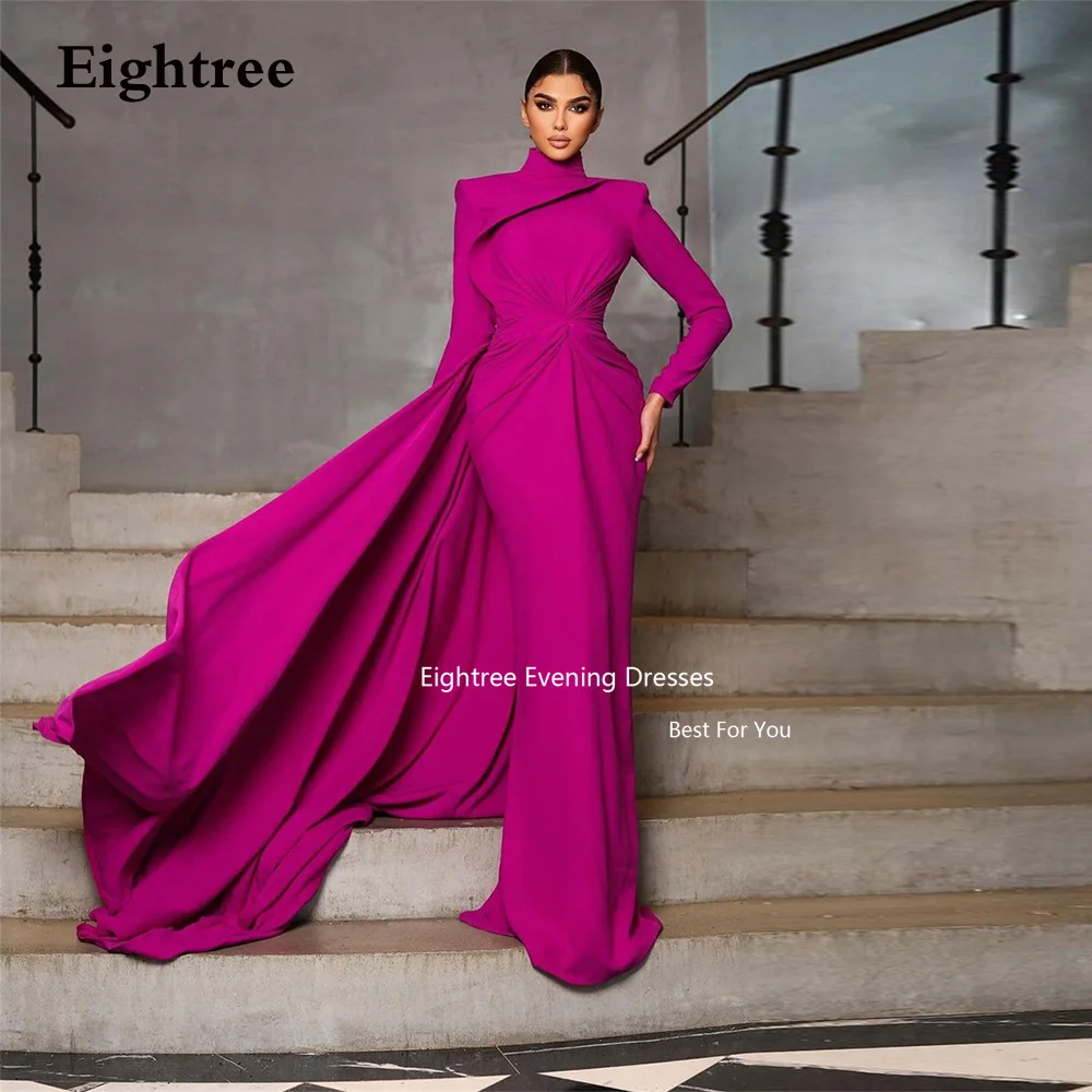 Eightree Fuchsia Vintage Evening Dresses Mermaid Long Sleeves High Neck Vestidos De Gala 2023 Vestidos Para Eventos Especiales