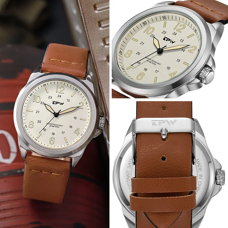 Classic Field Watches Fabric Strap Stitched Leather Band 42mm Men\'s 30M Waterproof Analog Military Top Brand Leather Wristwatch