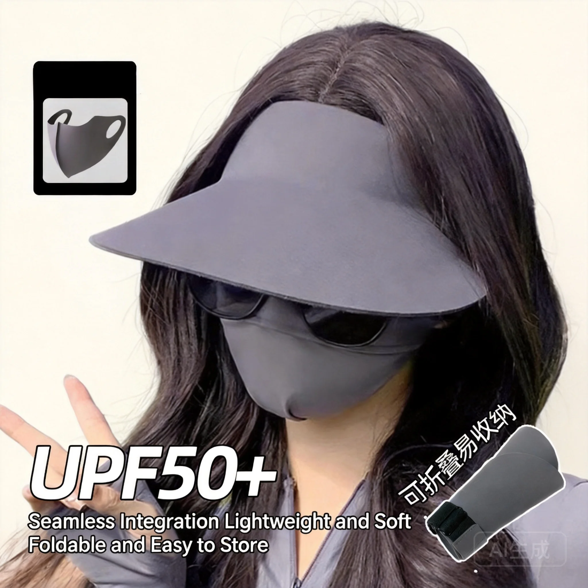 Womens Upf50+ Wide Brim Empty Top Sun Visor Hat Foldable Soft Sunscreen Cap With Face Cover Set Solid Color For Beach Travel