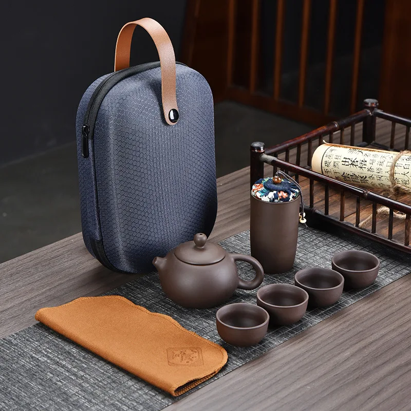 Purple Clay Teapot 4 Cups Portable Car Travel Tea Set Outdoor Storage Simple Kuaike Cup Portable Travel Tea Set