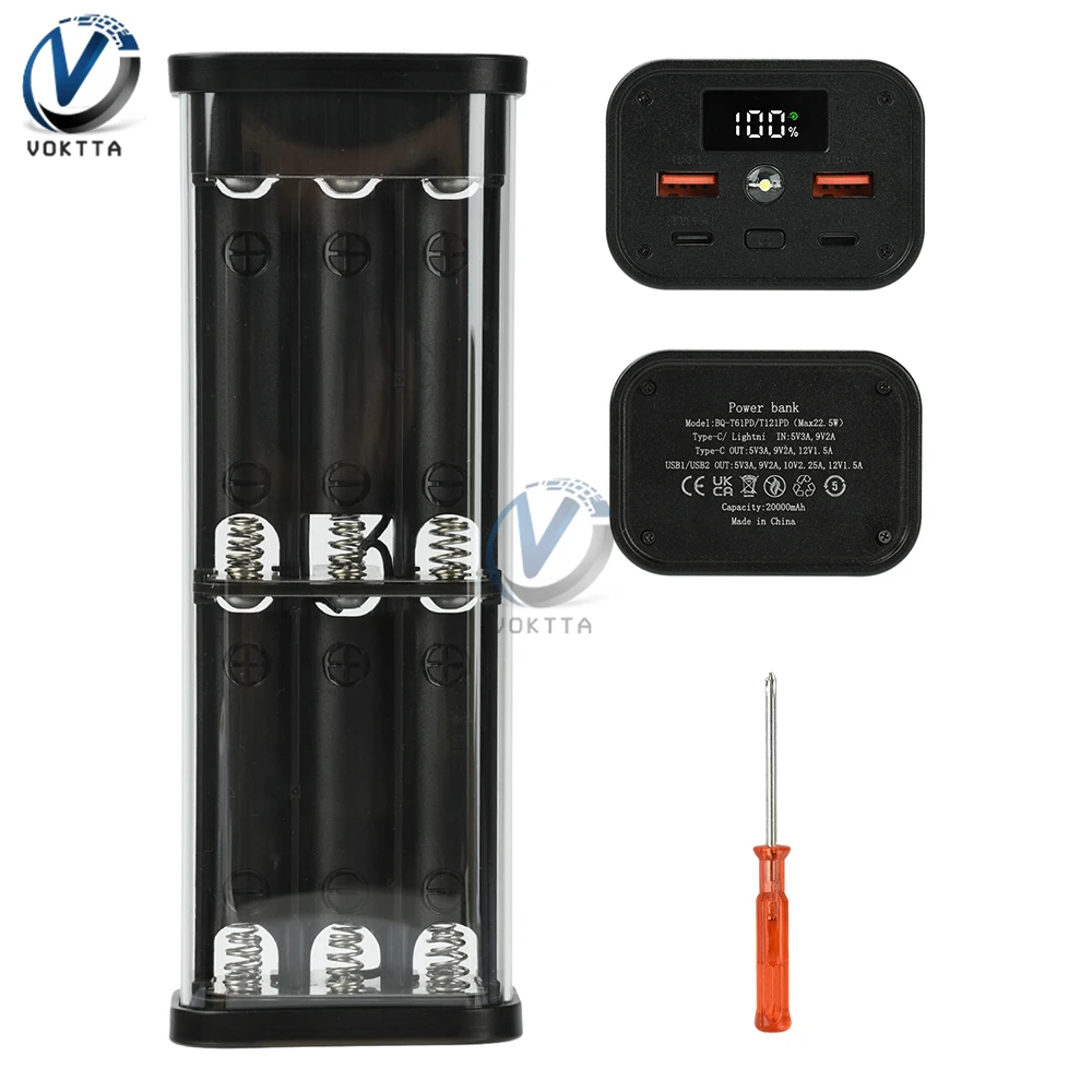 

22.5W Fast Charging 6/12-Cell 18650 Transparent Power Bank Case No-Soldering 18650 Battery Holder PD Power Bank Box Kit