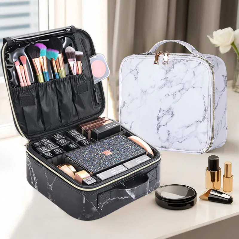 Marble PU Leather Makeup Case Large Adjustable Divider Cosmetic Organizer Bag Portable Brush Storage Travel Makeup Bag Gift For